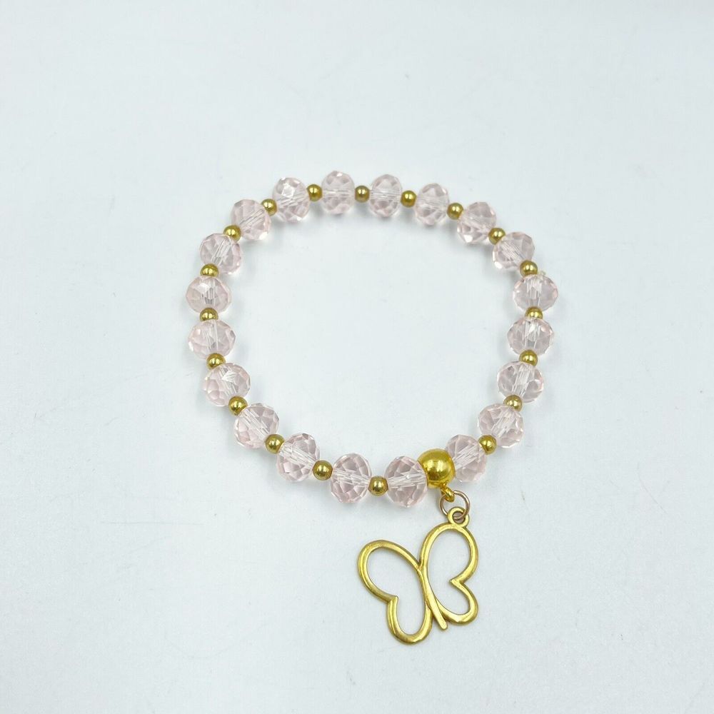 Women Pink Cristal Bracelet Beads With Metal Butterfly Gold Tone
